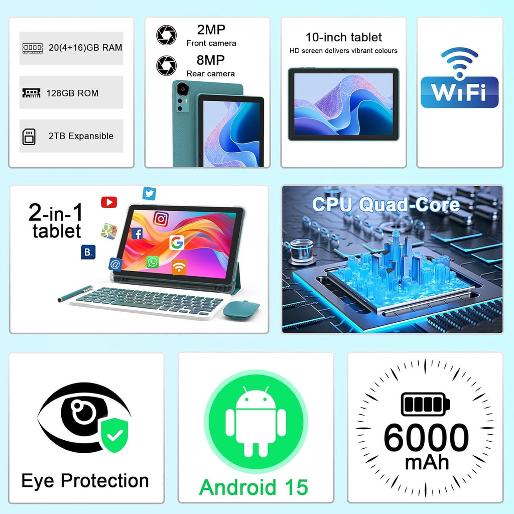 CUPEISI Android 15 Tablet 10 Inch, 20GB RAM+128GB ROM/ 2TB Expandable, 2.0GHz Quad-core Processor, 1280*800 HD Screen, 5G WiFi6 BT 5.0, 2 in 1 Tablets with Keyboard Case Mouse Stylus, Widevine L1 Blue