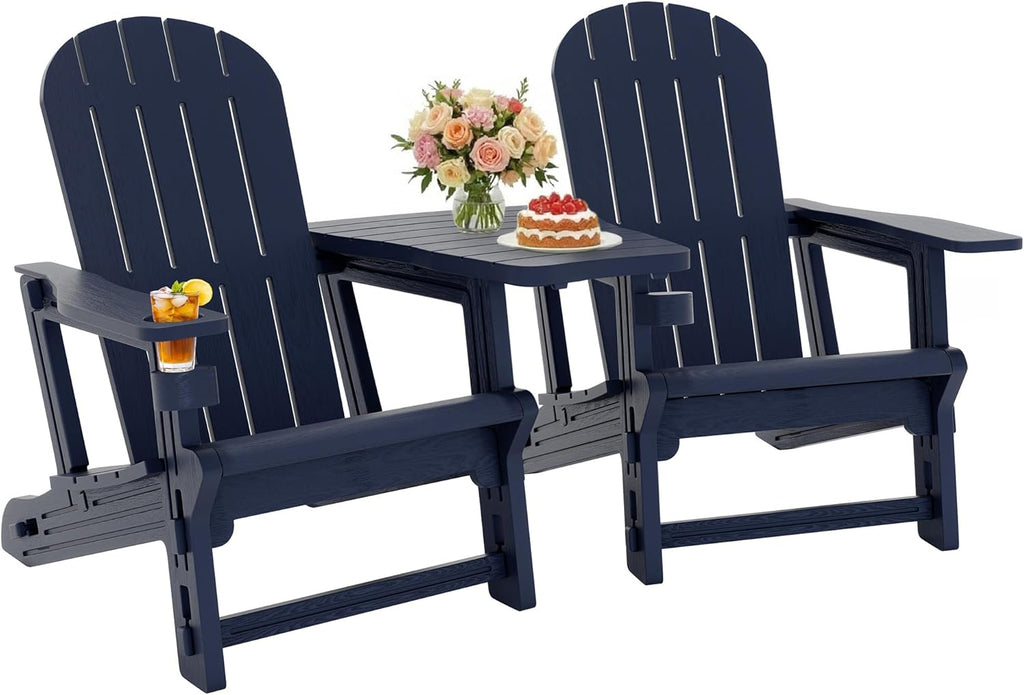 JY QAQA Outdoor Adirondack Chair Set of 2, All-Weather HDPE Patio Furniture with Detachable Table, Wood Texture & Cup Holder for Patio, Poolside, Garden, Dark Blue