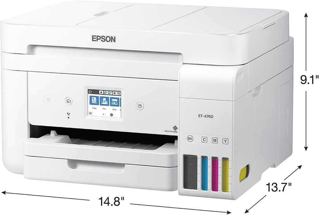 Epson EcoTank ET-4760 Wireless Color All-in-One Cartridge-Free Supertank Printer with Scanner, Copier, Fax, ADF and Ethernet - White