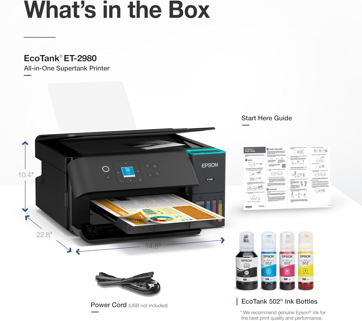 Epson EcoTank ET-2980 Wireless All-in-One Color Supertank Printer with up to 3 Years of Ink Refillable Tanks, Perfect for Home, 15 PPM, 1.44" Colorful Screen, Auto 2-Sided Printing - Black