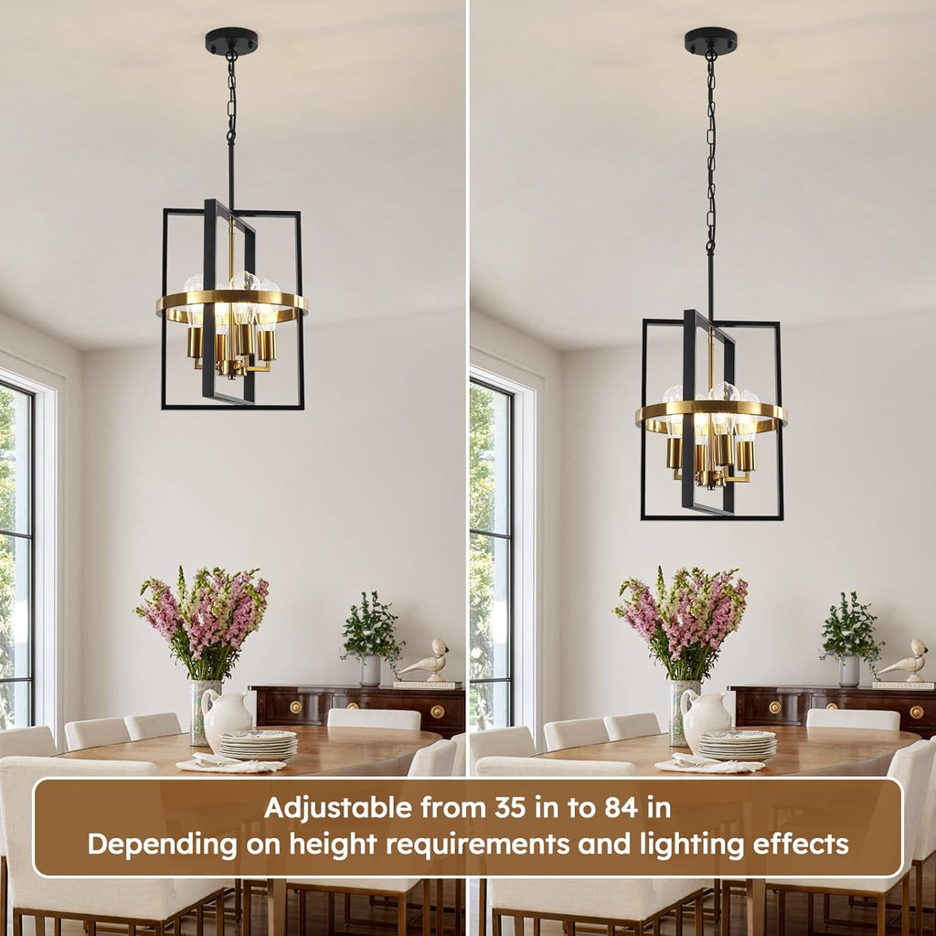 Small Black and Gold Chandelier for Dining Room, 4-Light Modern Pendant Lights Adjustable Geometric Industrial Rustic Foyer Lighting Fixtures for Entryway Living Room Kitchen Island Hallway