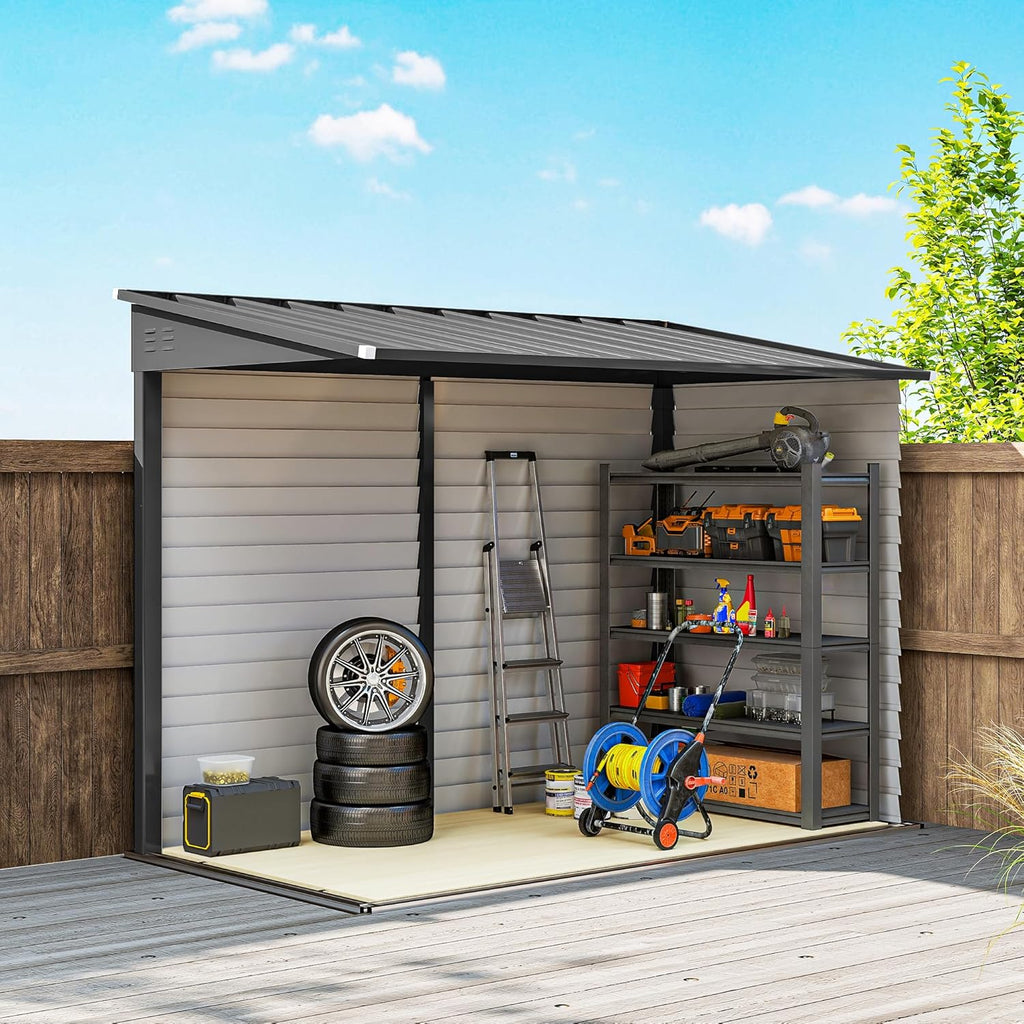 Outsunny 4.6' x 9' Steel Outdoor Storage Shed, Waterproof Lean to Shed, Metal Garden Tool House with Foundation Kit, Lockable Doors, Gloves and 2 Air Vents for Backyard, Patio, Lawn, Dark Gray