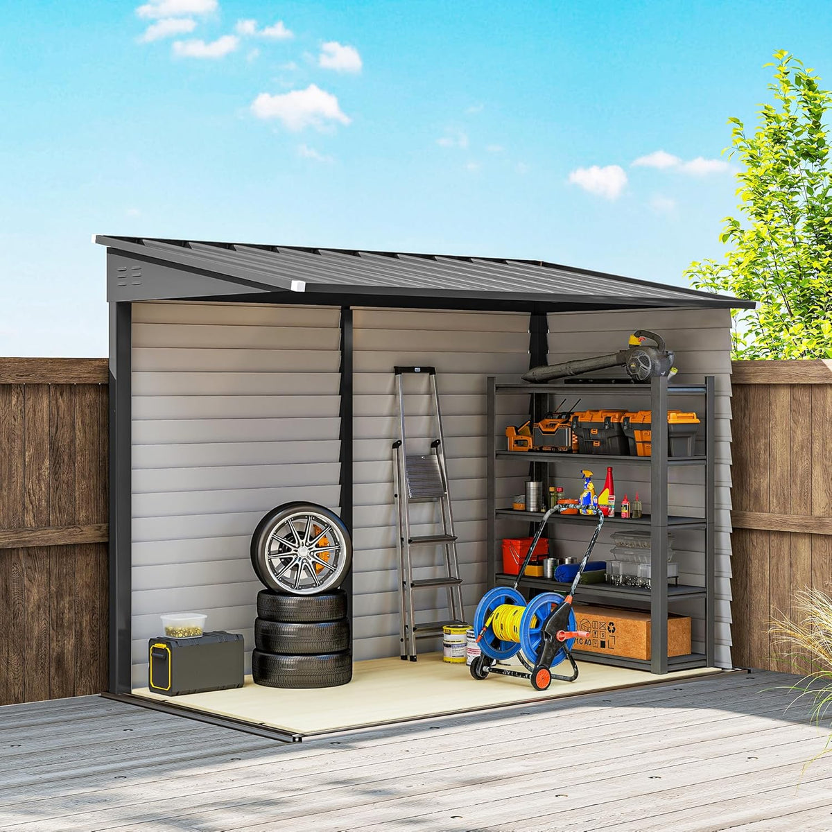 Outsunny 4.6' x 9' Steel Outdoor Storage Shed, Waterproof Lean to Shed, Metal Garden Tool House with Foundation Kit, Lockable Doors, Gloves and 2 Air Vents for Backyard, Patio, Lawn, Dark Gray
