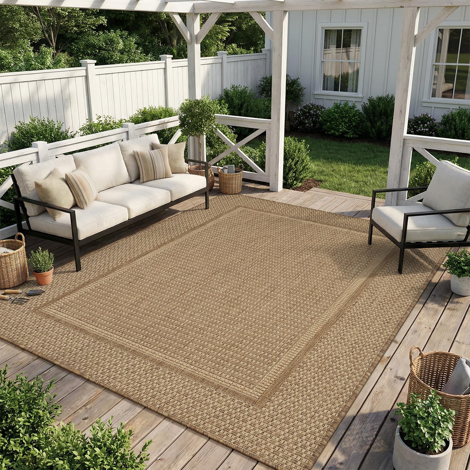MontVoo-Outdoor Rug-Patio Rug 8x10 ft Polypropylene Indoor Outdoor Rugs Outdoor Carpet for Patio Deck Balcony Porch, Textured Weave, Durable for High Traffic, Fade-Resistant, Modern Neutral Brown