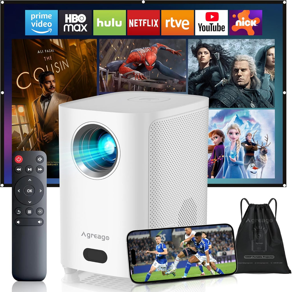 Electric Focus Projector with WiFi and Bluetooth, Native 1080P 15,000 Lumens 4K Supported, Agreago Outdoor Movie Projector for Home Theater UP to 300", for iOS/Android/TV Stick/HDMI/USB (White)