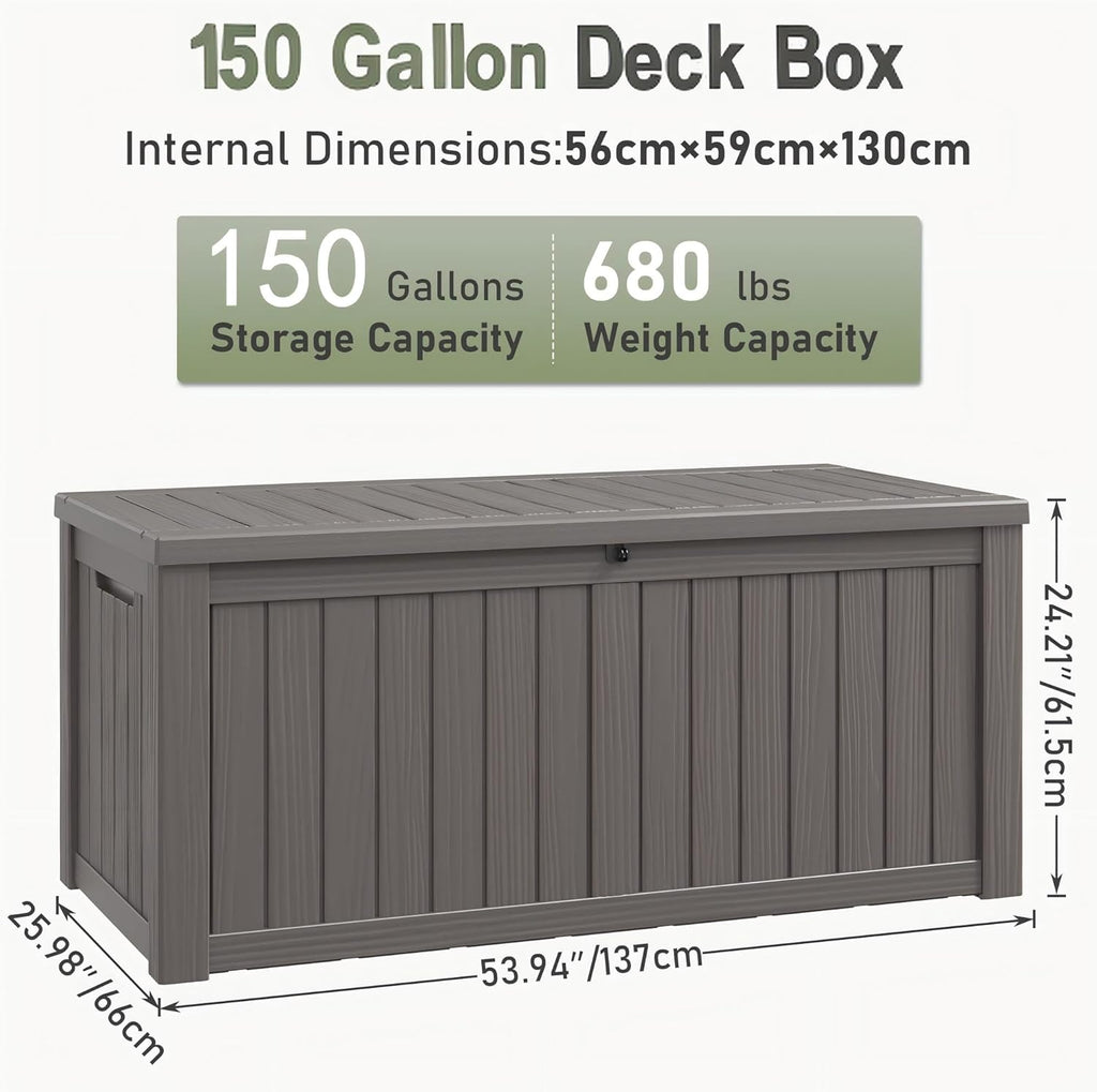 150 Gallon Outdoor Storage Box, Resin Deck Boxes Outdoor Waterproof For Patio Furniture, Garden Tools, Pool Supplies, Lockable And UV Resistant (Striped Gray)