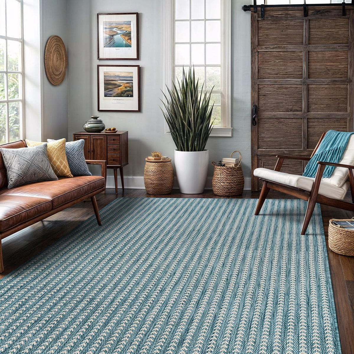 Washable Outdoor Rug 9x12 Modern Area Rugs Outdoor Carpets Striped Pattern Non Shedding Waterproof Easy Clean Patio Deck Porch Living Room Bedroom Garden RV (9 X 12 Aqua)