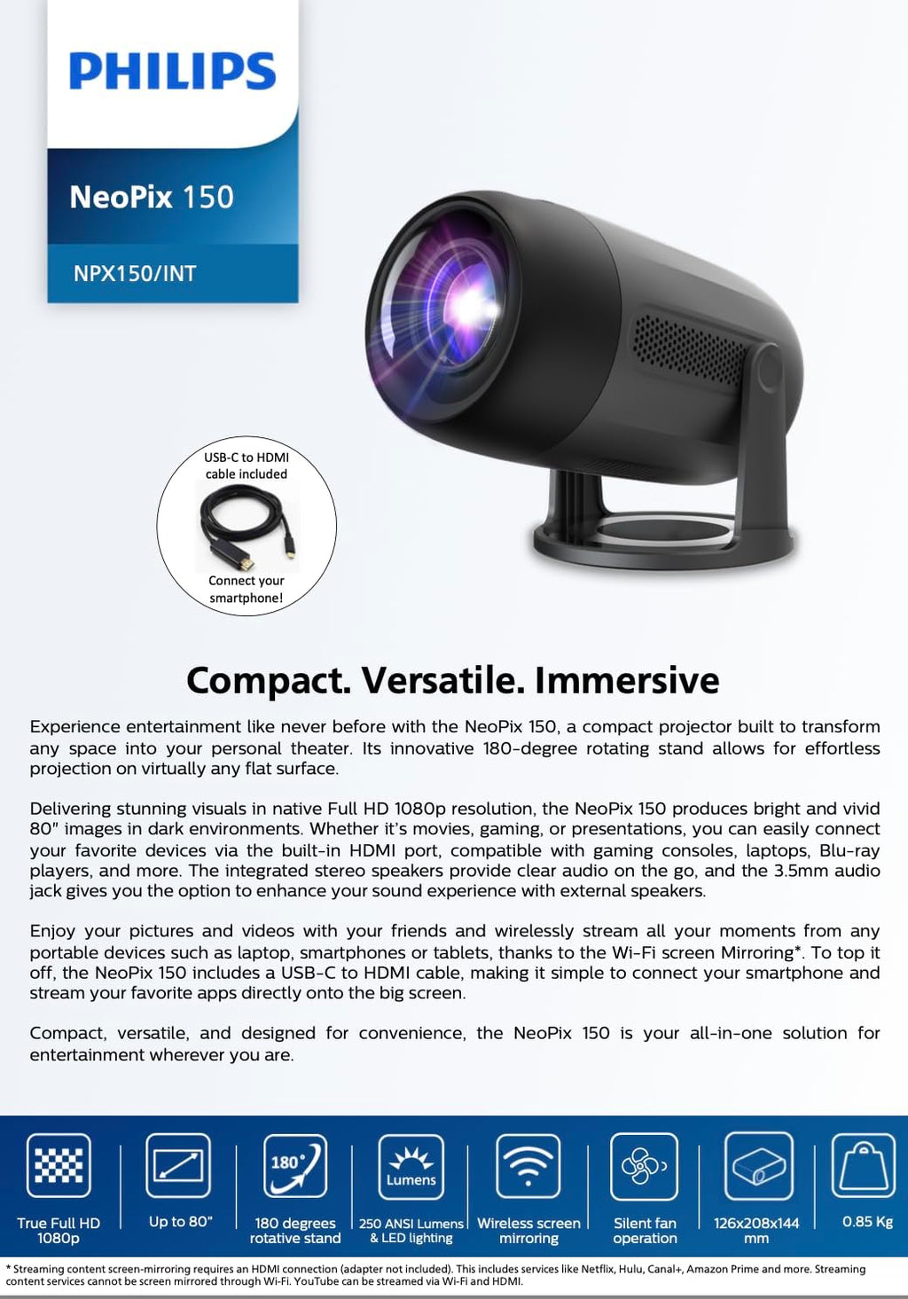 Philips, Neopix 150 home theater projector, Full HD 1920 x 1080p, 180 degree rotatable, LED light source, mirror mode, WLAN 6, stereo sound 2 x 3 watts, black