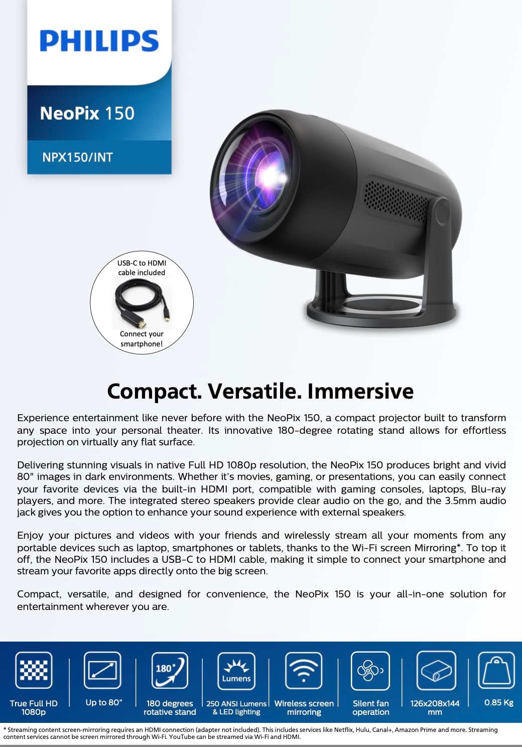 Philips, Neopix 150 home theater projector, Full HD 1920 x 1080p, 180 degree rotatable, LED light source, mirror mode, WLAN 6, stereo sound 2 x 3 watts, black
