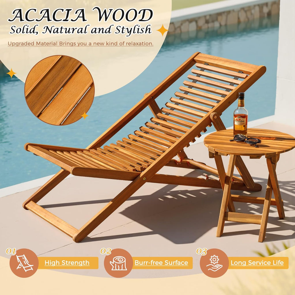 Flamaker 3-Piece Acacia Wood Patio Set, Chaise Lounge Chairs for 2 and Side Coffee Table, Adjustable and Foldable, for Pool, Beach, Backyard, No Assembly