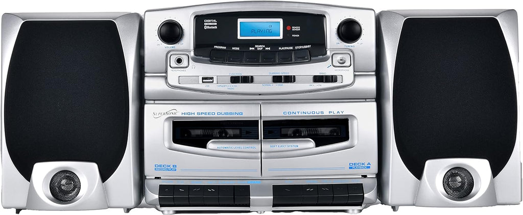 Supersonic SC-2121BT Bluetooth Entertainment Audio System, Bluetooth 5.0, op Loading MP3/CD Player, AM/FM Radio, USB Input, Double Cassette Recorder, High-Performance Detachable Speakers, AC/DC