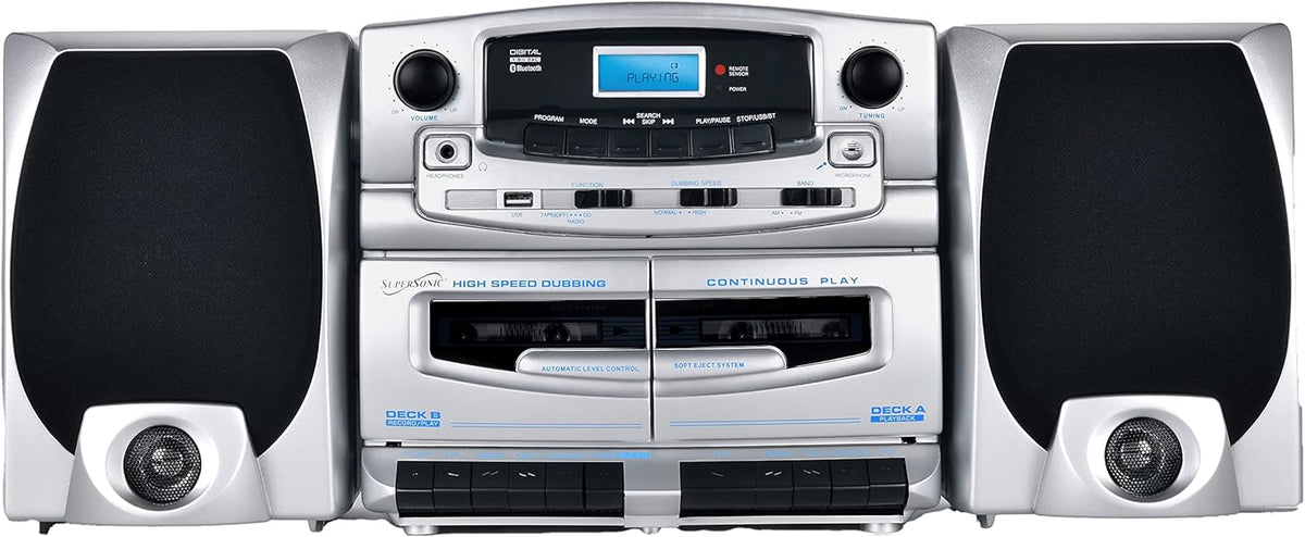 Supersonic SC-2121BT Bluetooth Entertainment Audio System, Bluetooth 5.0, op Loading MP3/CD Player, AM/FM Radio, USB Input, Double Cassette Recorder, High-Performance Detachable Speakers, AC/DC