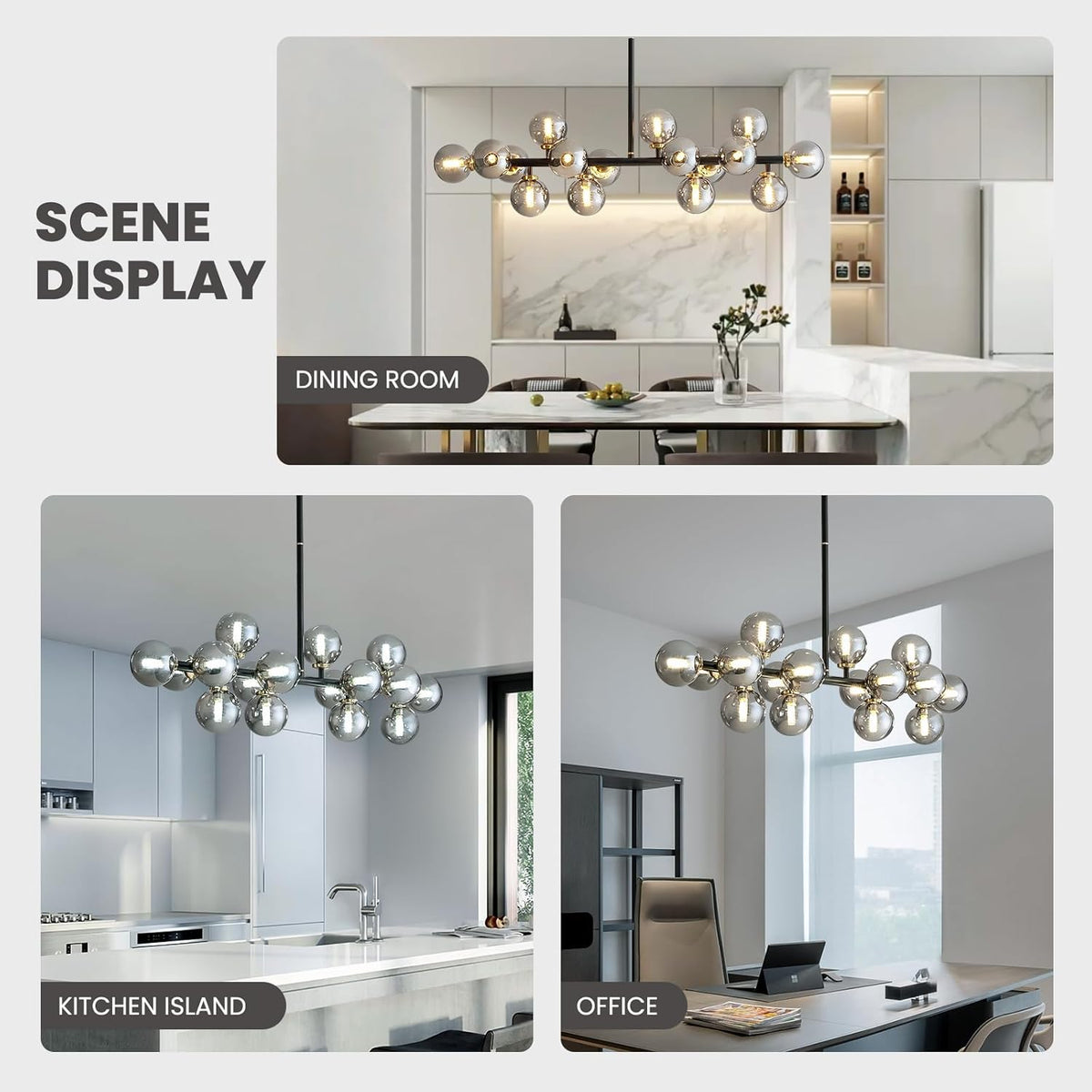 16 Lights Mid Century Modern Chandelier Black Linear Chandelier Light Fixtures Glass Globe Sputnik Pendant Light for Dining Room Kitchen Island (Smoke Gray Lampshade)