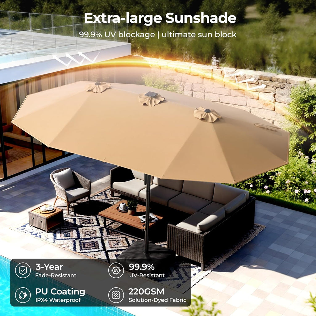 HOMSHADE 15FT Motorized Electric Large Patio Umbrella with Base and Solar Lights Outdoor, Double-Sided Rectangle Umbrella with Remote Control, 30° Auto-Open for Pool Deck Table Market Backyard, Beige