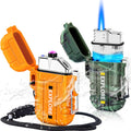 LcFun 2 Pack Waterproof Outdoor Lighter Windproof Torch Lighters Butane Refillable USB Rechargeable Electric Dual Arc Plasma Lighter Hiking Camping Essentials Hunting Survival Tactical Gear Gadgets