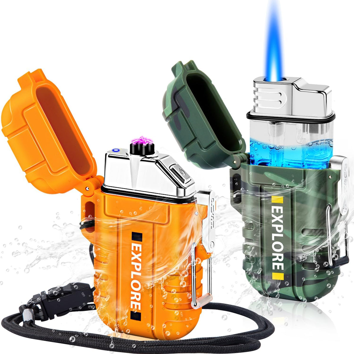 LcFun 2 Pack Waterproof Outdoor Lighter Windproof Torch Lighters Butane Refillable USB Rechargeable Electric Dual Arc Plasma Lighter Hiking Camping Essentials Hunting Survival Tactical Gear Gadgets