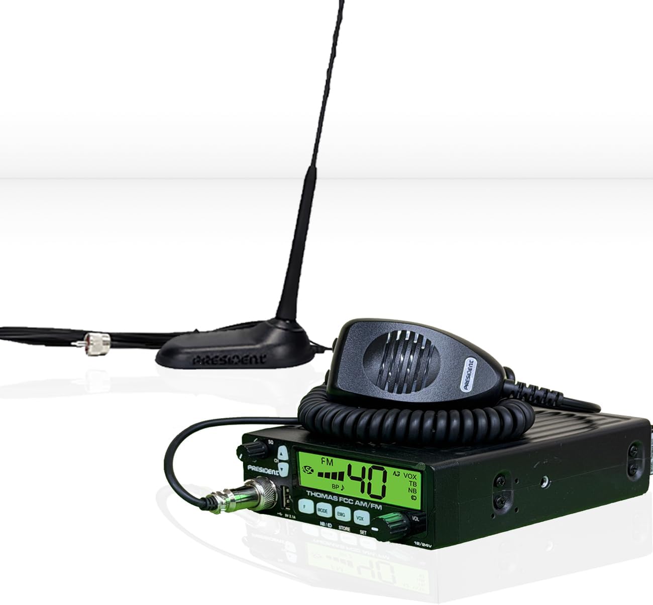 President Radio Heavy Duty (HD) Kit with Thomas FCC 40-Channel,12/24 Volt AM/FM CB Radio and Virginia F Magnet-Mount Antenna