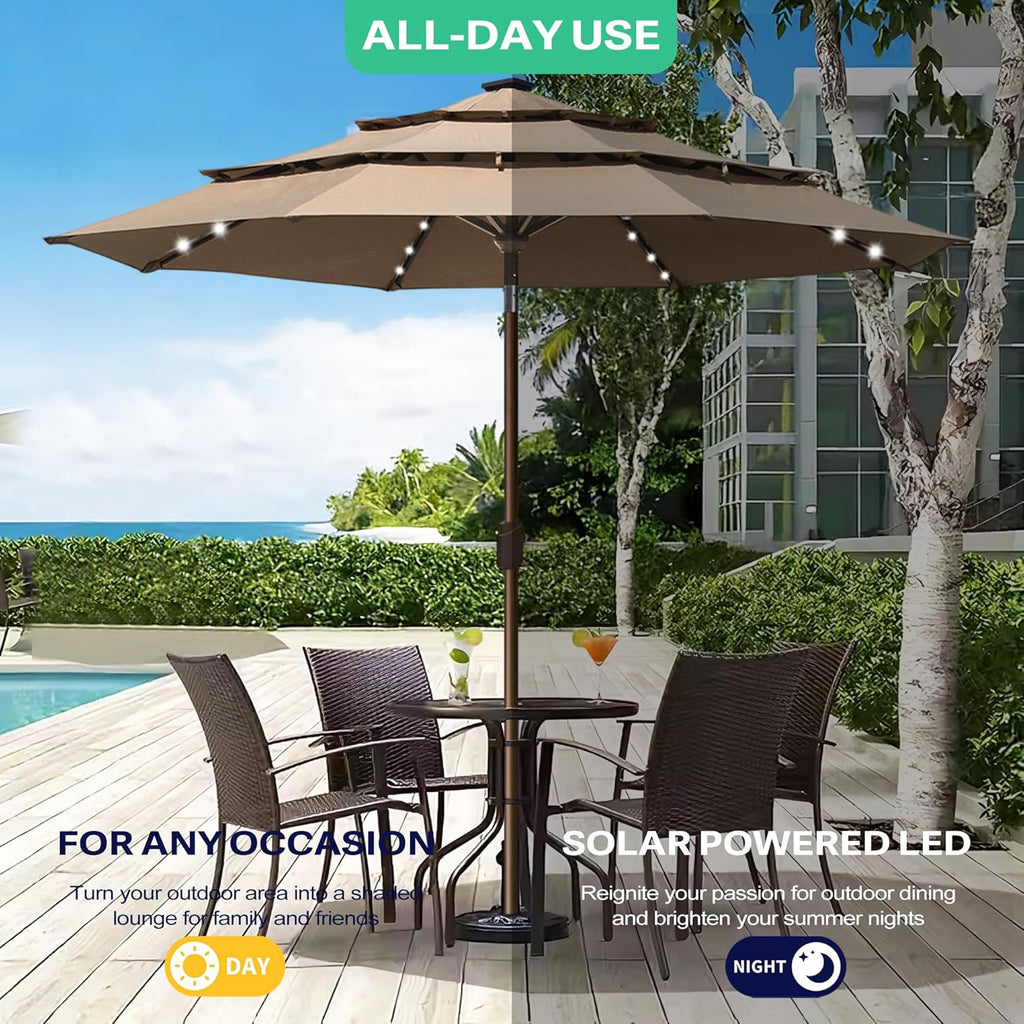 EliteShade USA 10-Year-Non-Fading 10ft 3-Tier Market Patio Umbrella, Commercial Table Umbrella with 80 Solar LED Lights, Crank Open, Windproof & UPF 50+ UV Protection for Garden, Deck, Pool, Backyard, Heather Beige