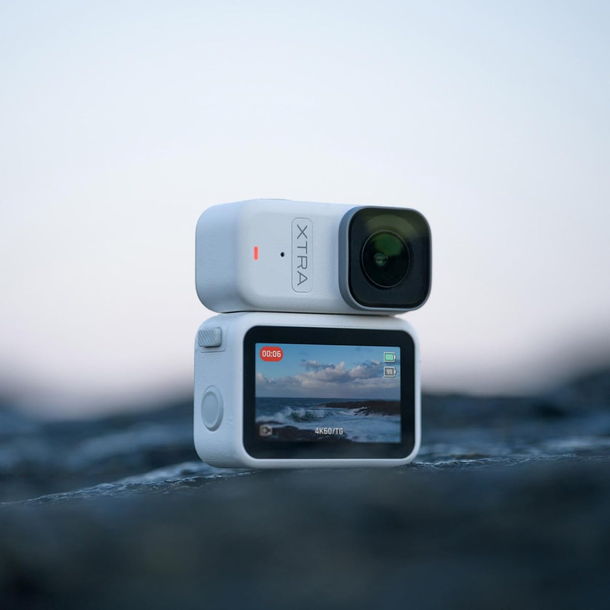 Xtra Atto Wearable 4K Action Camera (128GB), 54 g, Light and Compact, 1/1.3″ Sensor, 4K/60fps Video, 220‑Min Max Recording, 5-Min Pre-Recording, Built-in Stabilization, 600MB/s Fast Transfer