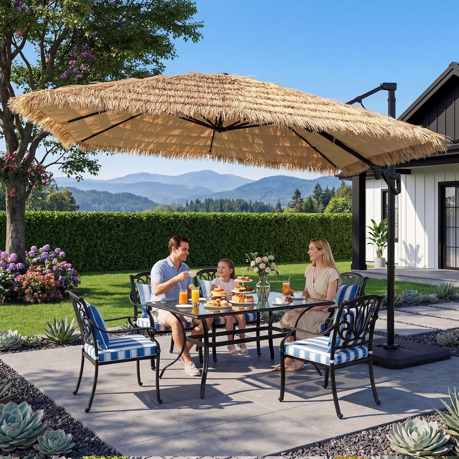 SUNBURY 10x10FT Cantilever Tiki Umbrella,Extra Wide Hawaiian Patio Shade with UPF50+,Perfect for Tiki Bar,Patio Garden Beach Pool Backyard