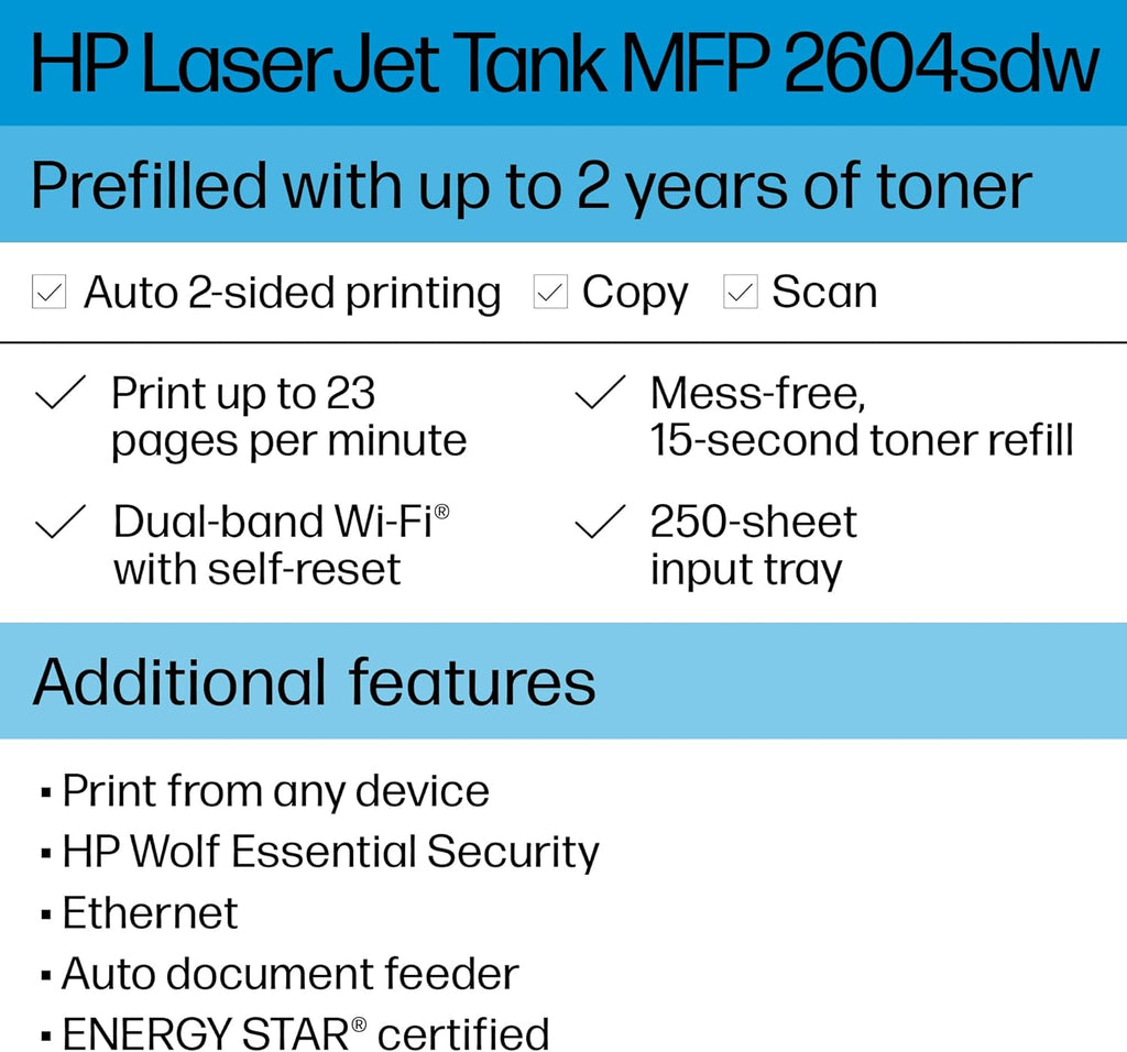 HP LaserJet-Tank MFP 2604sdw Wireless Black & White Printer Prefilled with Up to 2 Years of Original Toner (381V1A)