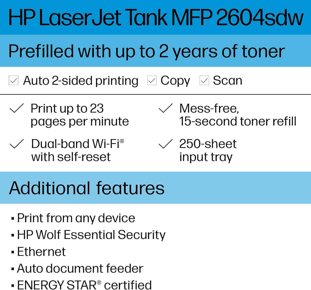 HP LaserJet-Tank MFP 2604sdw Wireless Black & White Printer Prefilled with Up to 2 Years of Original Toner (381V1A)