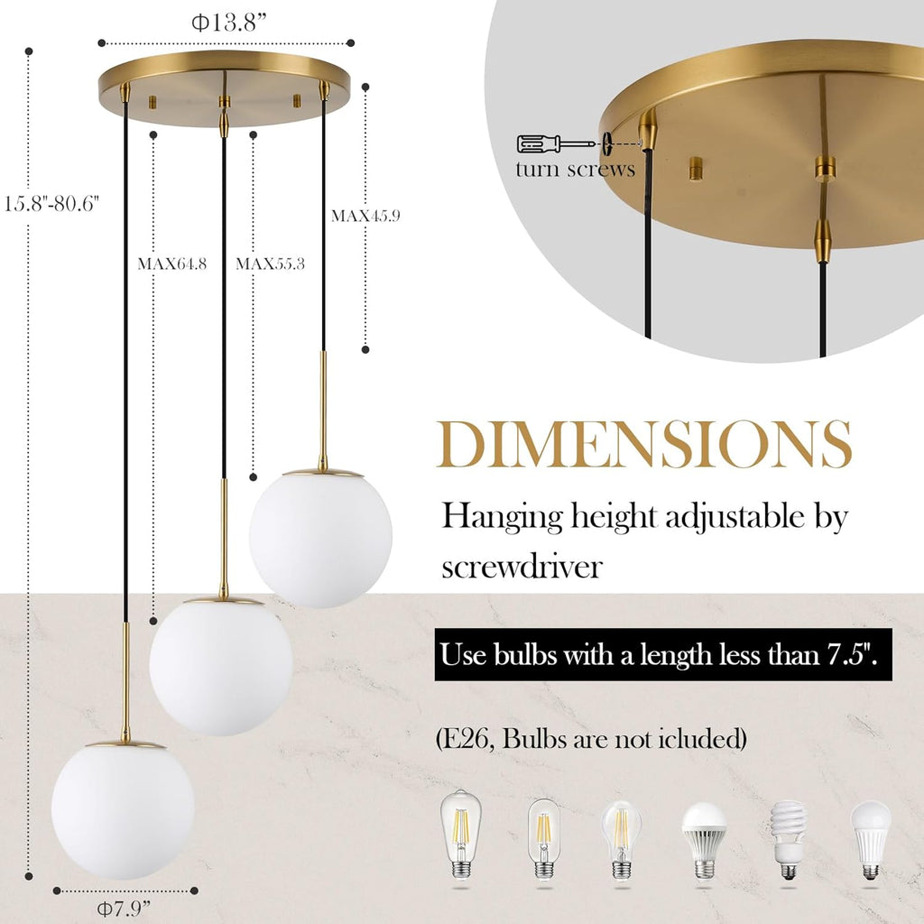 3-Light Cluster Pendant Lights, Mid Century Modern Globe Cluster Chandelier with Milk Glass, Brass Gold Pendant Lighting for Kitchen Island, Staircase, Dining Room, Living Room