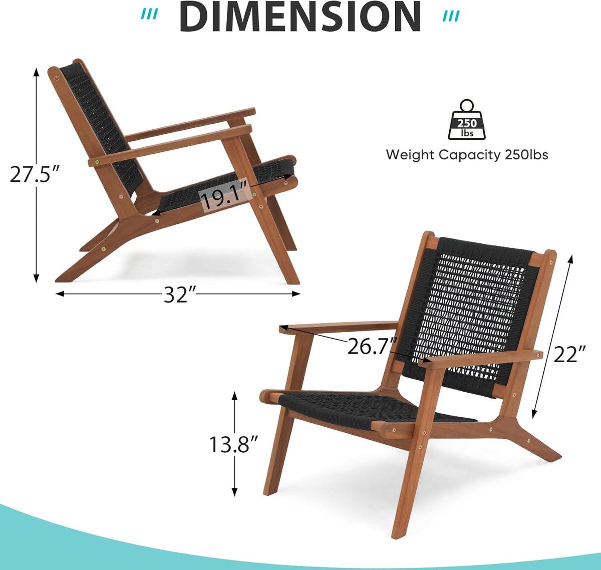 Verano Garden Mid Century Modern Accent Armchair Set of 2, Reading Lounge Chair with Handwoven Rope and Solid Acacia Wood Frame for Living Room, Bedroom, Patio,Balcony