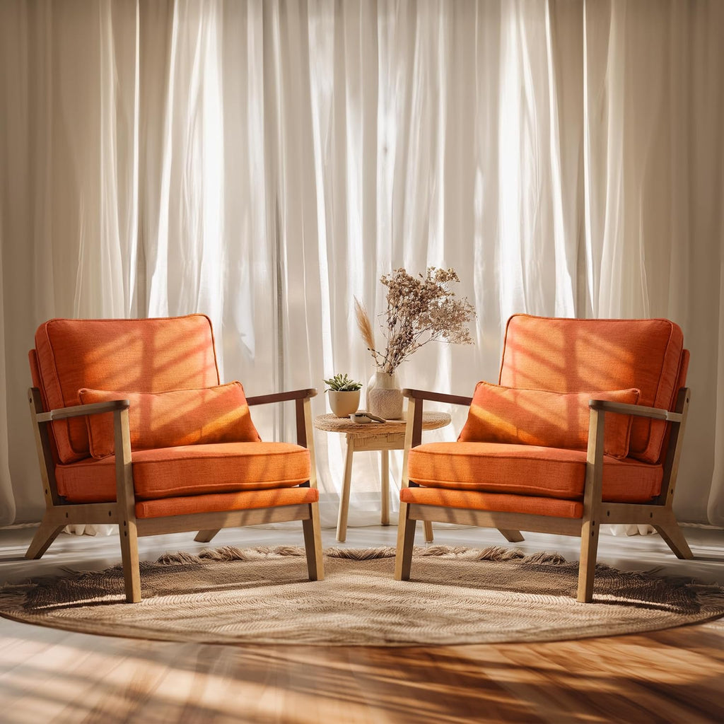 Vingli Solid Wood Wide Armrests Accent Chair Set of 2,Upholstered Mid Century Modern Chair with Pillow,Farmhouse Arm Chair Comfy Reading Chair,Chairs Living Room,Bedroom,Guest Room,Linen Fabric,Orange