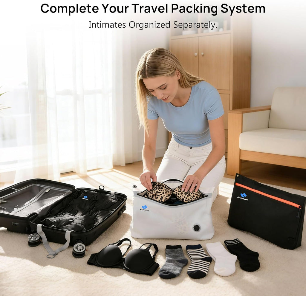 Zurligi Travel Vacuum Bags with Pump, 3 Pack IPX8 Waterproof Reusable & Attachable Vacuum Seal Bags for Clothing, Space Saver for Underwear & Essentials, Suitable for Carry-On Luggage