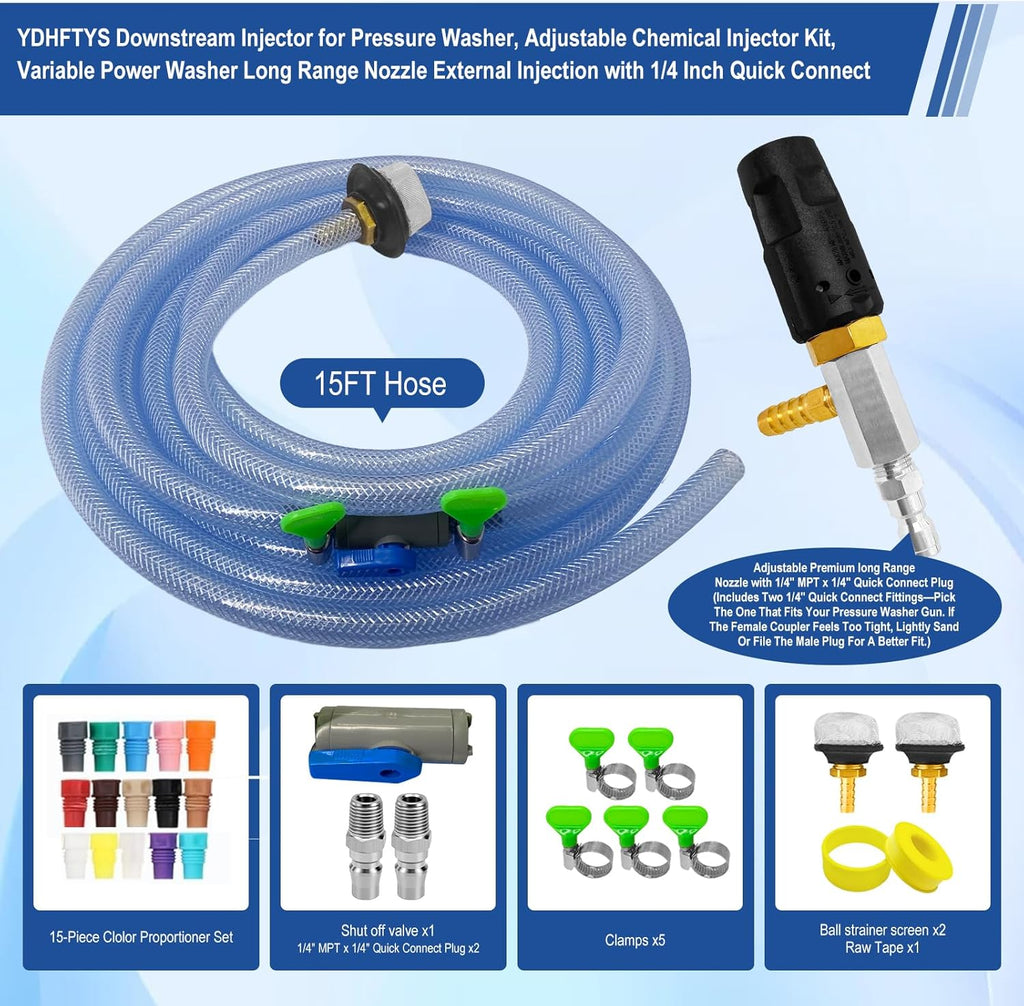 Adjustable Long Range Nozzle for Pressure Washer, Downstream Injection Spray Nozzle Kit 4–4.5 GPM, External Chemical Injector w/1/4" Quick Connect,15FT Hose,Shut-Off Valve & Filter,2500–4000 PSI.