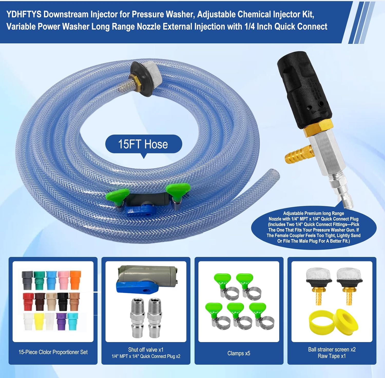 Adjustable Long Range Nozzle for Pressure Washer, Downstream Injection Spray Nozzle Kit 4–4.5 GPM, External Chemical Injector w/1/4" Quick Connect,15FT Hose,Shut-Off Valve & Filter,2500–4000 PSI.