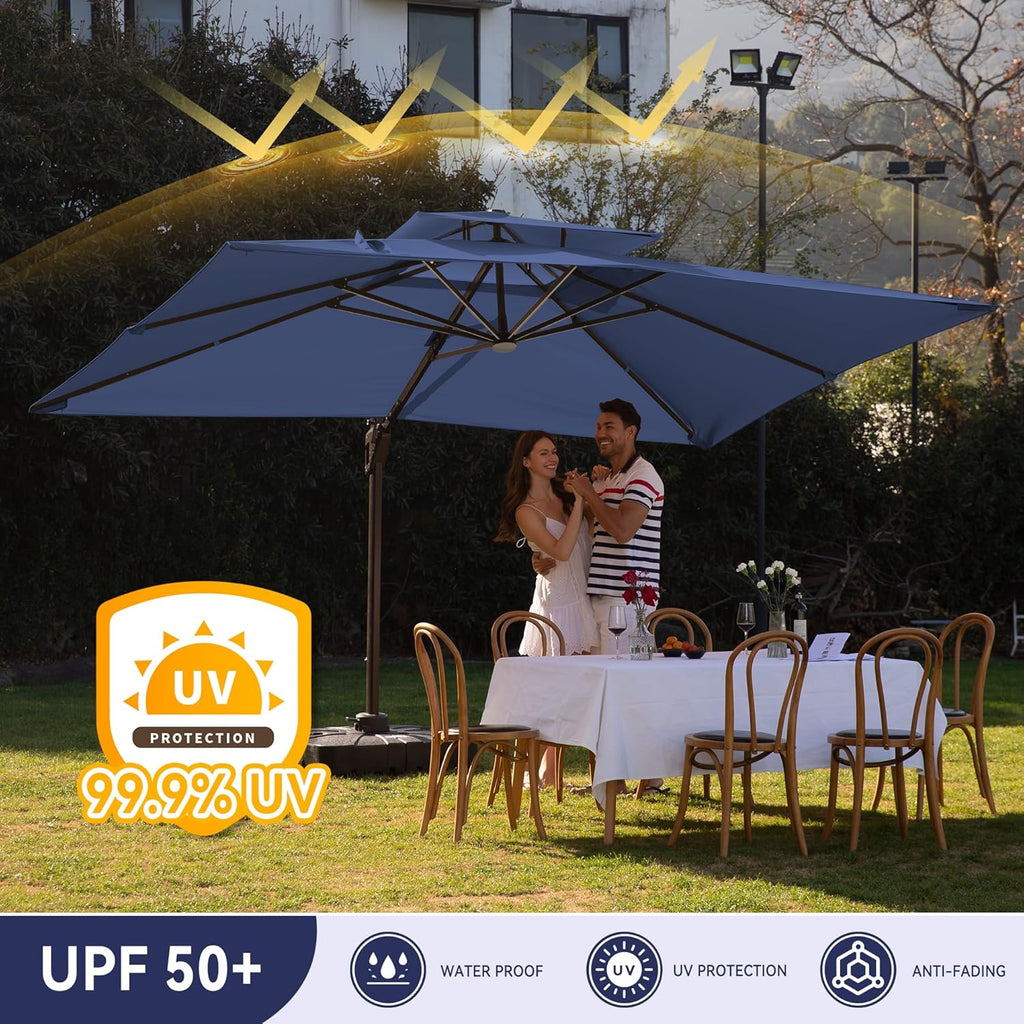 10 X 13 FT Cantilever Outdoor Patio Umbrella with LED Lights Large Heavy Duty 360° Rotation Double Top Offset Rectangular Umbrellas for Backyard Garden Pool Outside Deck, Navy