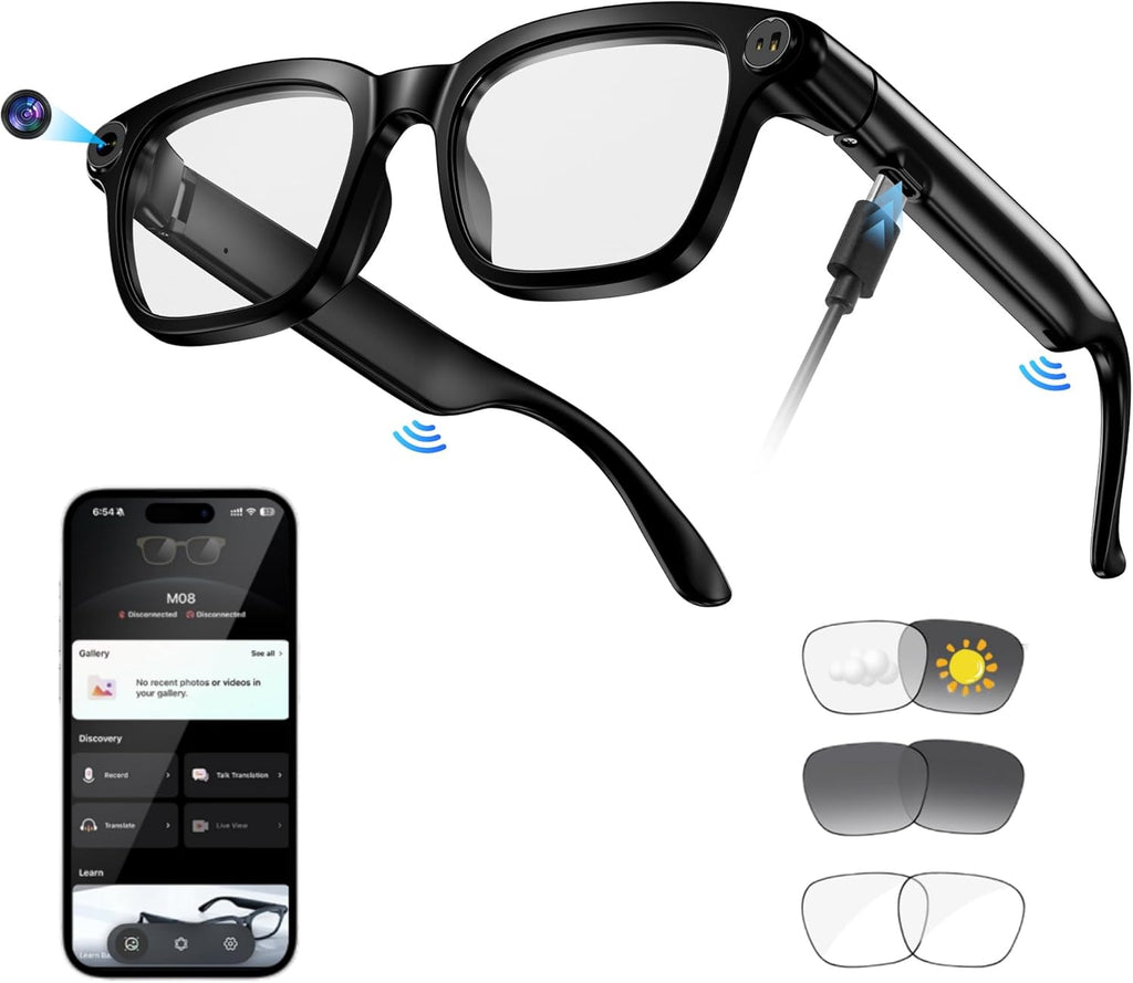 AI Smart Glasses with Camera, 8MP HD Camera Glasses for Women Men, Video Recording Sunglasses with Voice Assistant, Open-Ear Audio, Real-Time Translation for Life &Work Vlog, Black(3 Lenses)