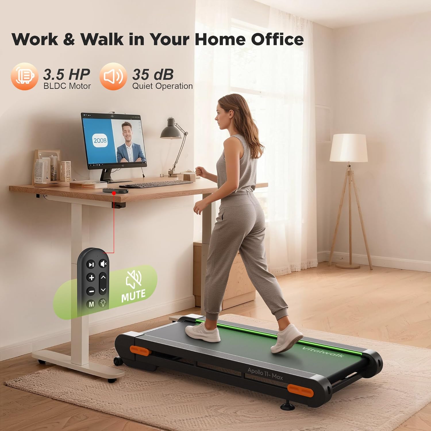 Vitalwalk Walking Pad Treadmill with Incline, 43"x18" Wide Full Deck, Auto Incline, Portable Under Desk Treadmills for Home Office, 4-Way Mobility & Vertical Store, Heavy Duty, APP