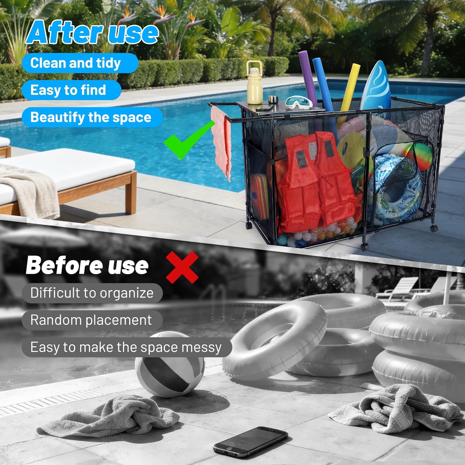 152Gal Pool Storage Organizer with Tabletop,Towel Bar,Zipper Doors,360° Rotating Wheels,Weather-Resistant,Easy Assembly,for Indoor Outdoor,Pool,Patio,Beach (M Size)