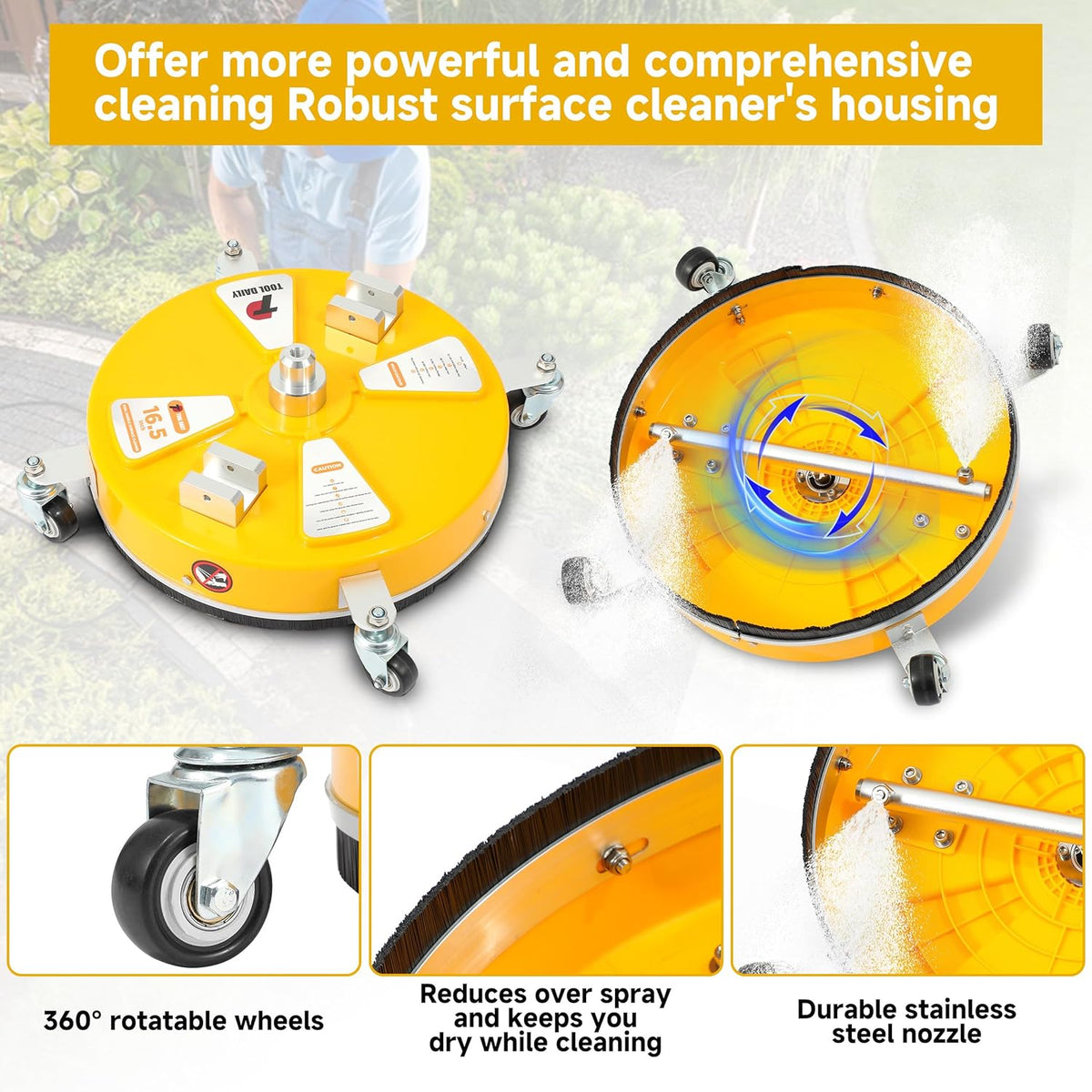 Tool Daily 16.5” Pressure Washer Surface Cleaner with Dual Handle, Surface Cleaner for Pressure Washer Attachment with 4 Wheels for Driveway, Sidewalk, Patio, Deck Cleaning