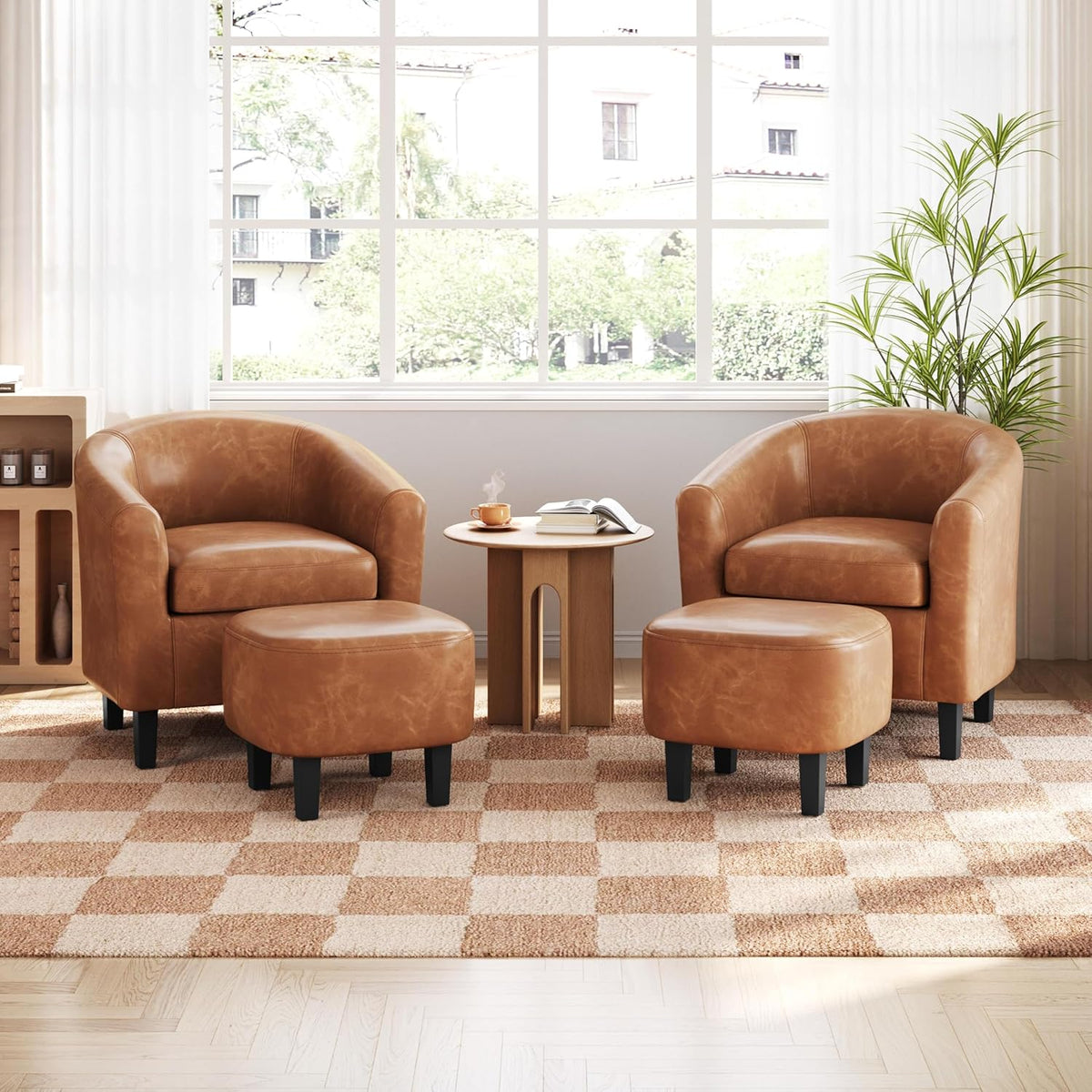Yaheetech Accent Chair with Ottoman Footstool, PU Leather Modern Upholstered Soft Barrel Chair, Comfy Club Armchair and Footrest Set for Living Room/Bedroom/Reading Room/Guestroom, Brown
