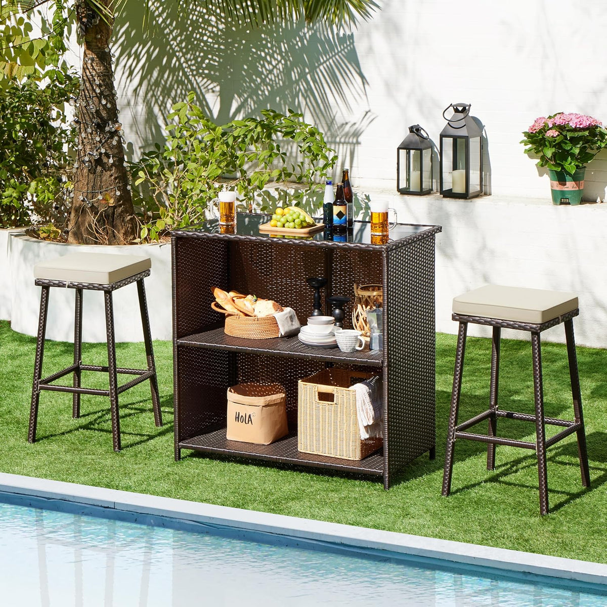 Yaheetech 3pcs Outdoor Bar Set, Patio Wicker Bar Furniture with 2 Storage Shelves, Glass Top Table, Cushions and Two Stools, Brown/Khaki