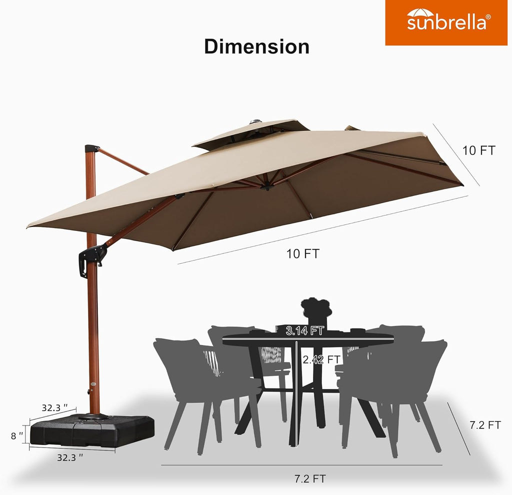 PURPLE LEAF 10 Feet Wood Pattern Square Patio Umbrella With Base Double Top Deluxe Umbrellas Cantilever Outdoor Umbrella Garden Deck Pool Umbrellas, Heather Beige