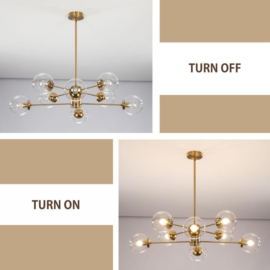KCO Lighting Modern Sputnik Chandelier 8-Light Clear Glass Globe Ceiling Pendant Light Mid Century Brass Flush Mounted Fixture Kitchen Island (Gold+Clear)