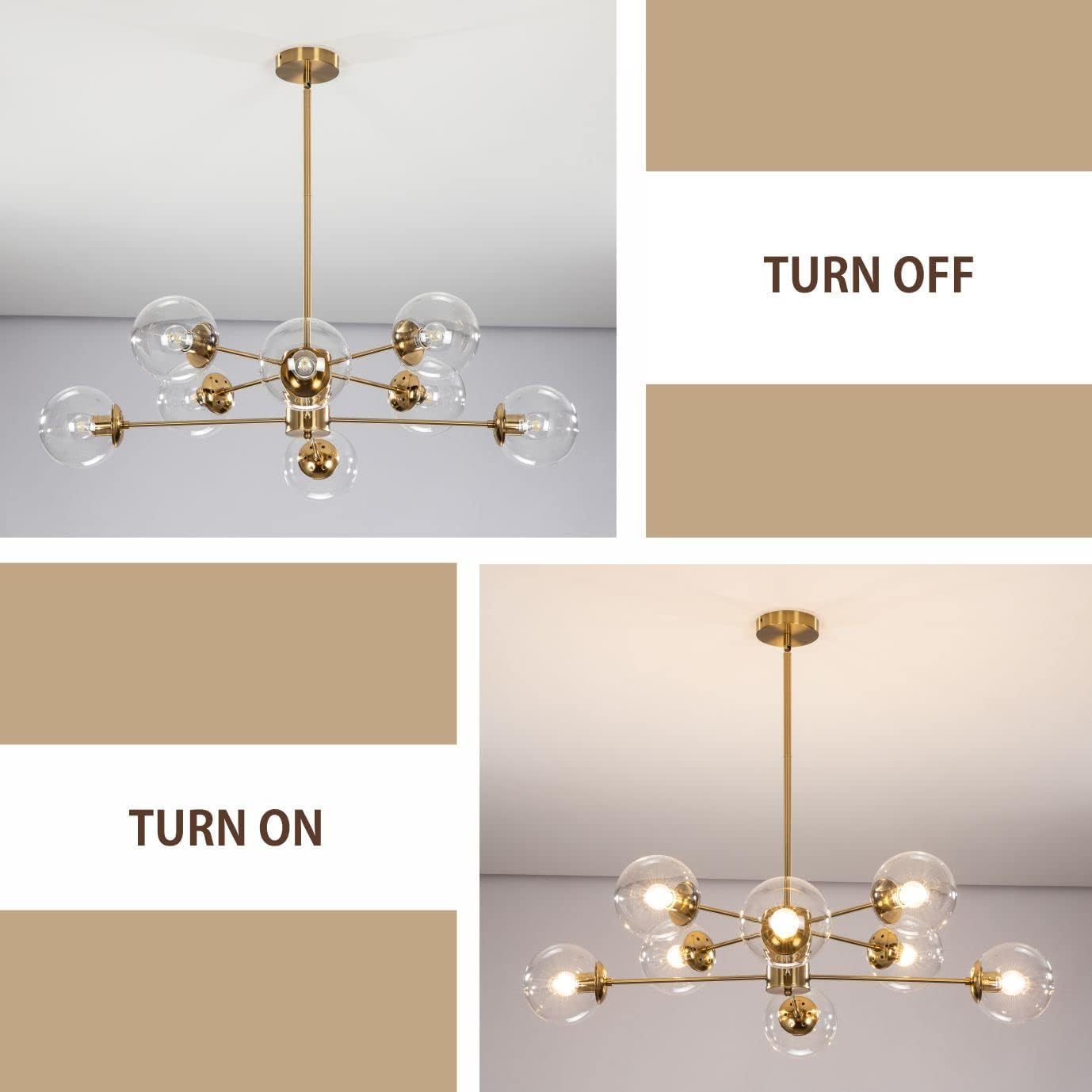 KCO Lighting Modern Sputnik Chandelier 8-Light Clear Glass Globe Ceiling Pendant Light Mid Century Brass Flush Mounted Fixture Kitchen Island (Gold+Clear)