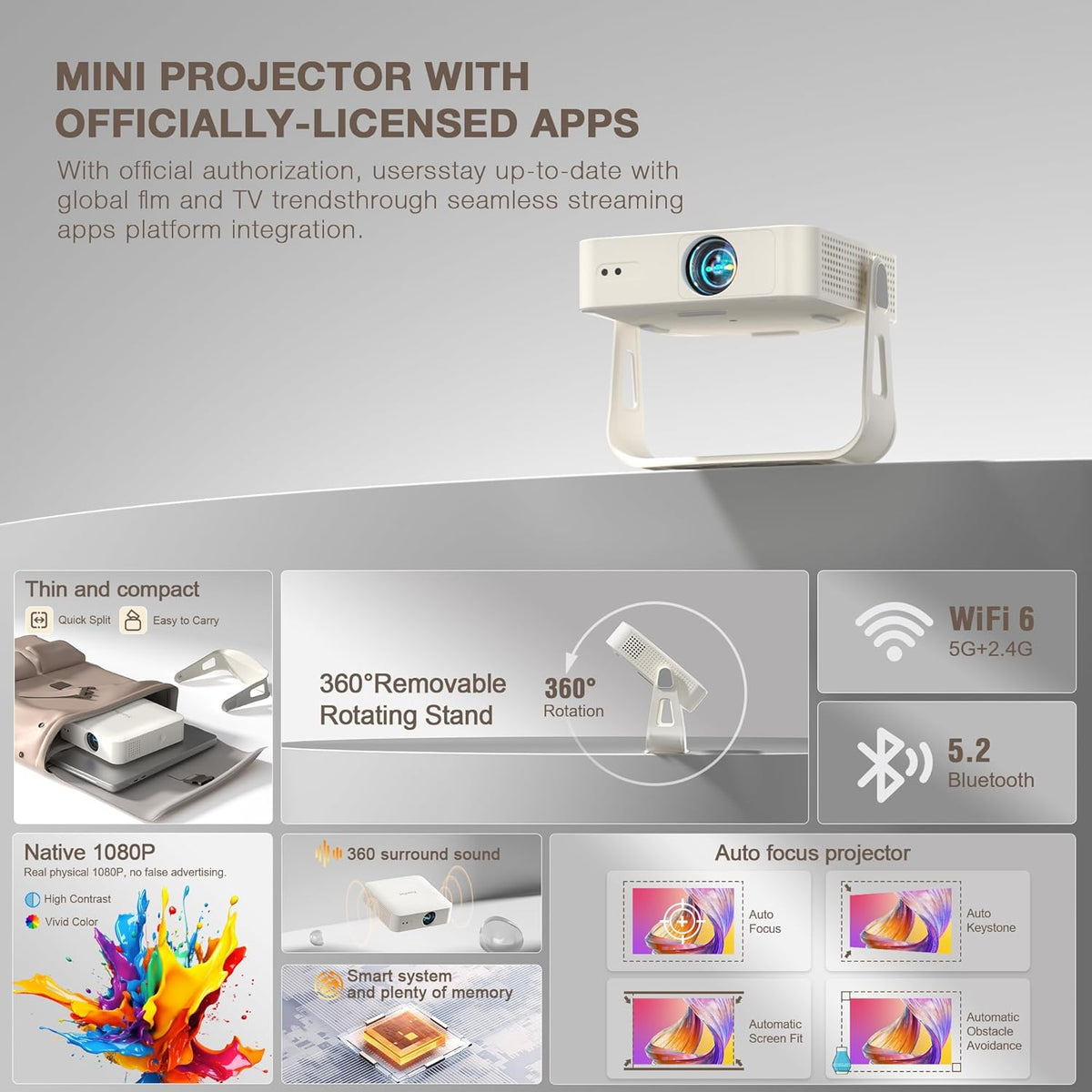 Officially-Licensed App & Auto FocusWhite Smart Mini Projector with WiFi and Bluetooth, XuanPad 4K Support Movie Projector, Portable Native 1080P Outdoor Projector with 360° Stand