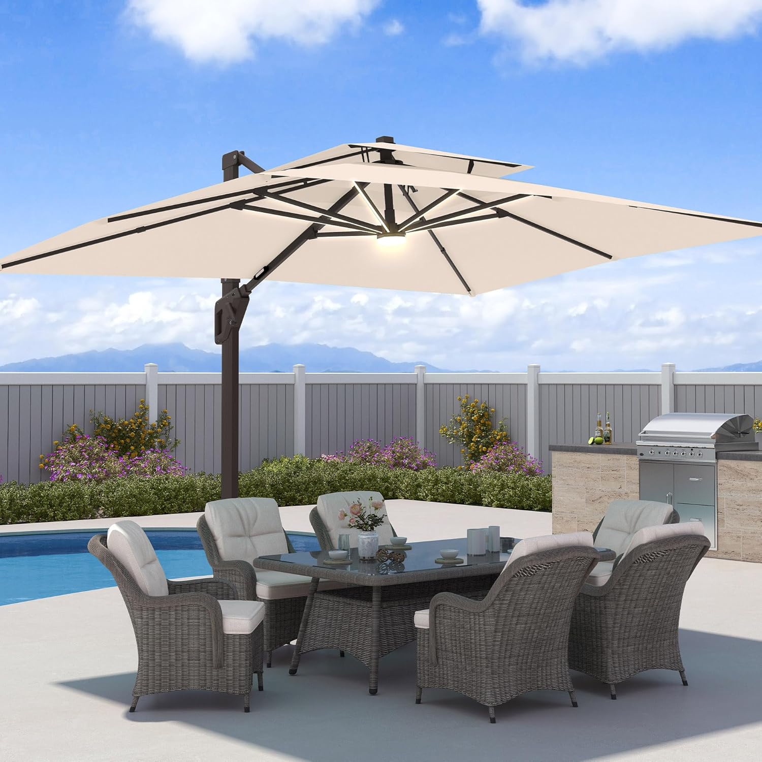 9x12 FT Patio Umbrella with Weighted Base and LED Lights Cantilever Outdoor Large Heavy Duty Rectangle Aluminum Offset Umbrellas Double Top 360 Rotation for Pool Deck Garden, Beige