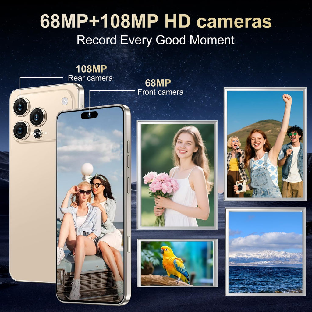 Ecshock 17PM Unlocked Phone | Cell Phone Android 15.0 | 16+512GB Smartphone| 6.99" HD Display | Long Battery Life 7000mAh | 68+108MP Zoom Camera| Fingerprint Lock | with Dual SIM (Gold)