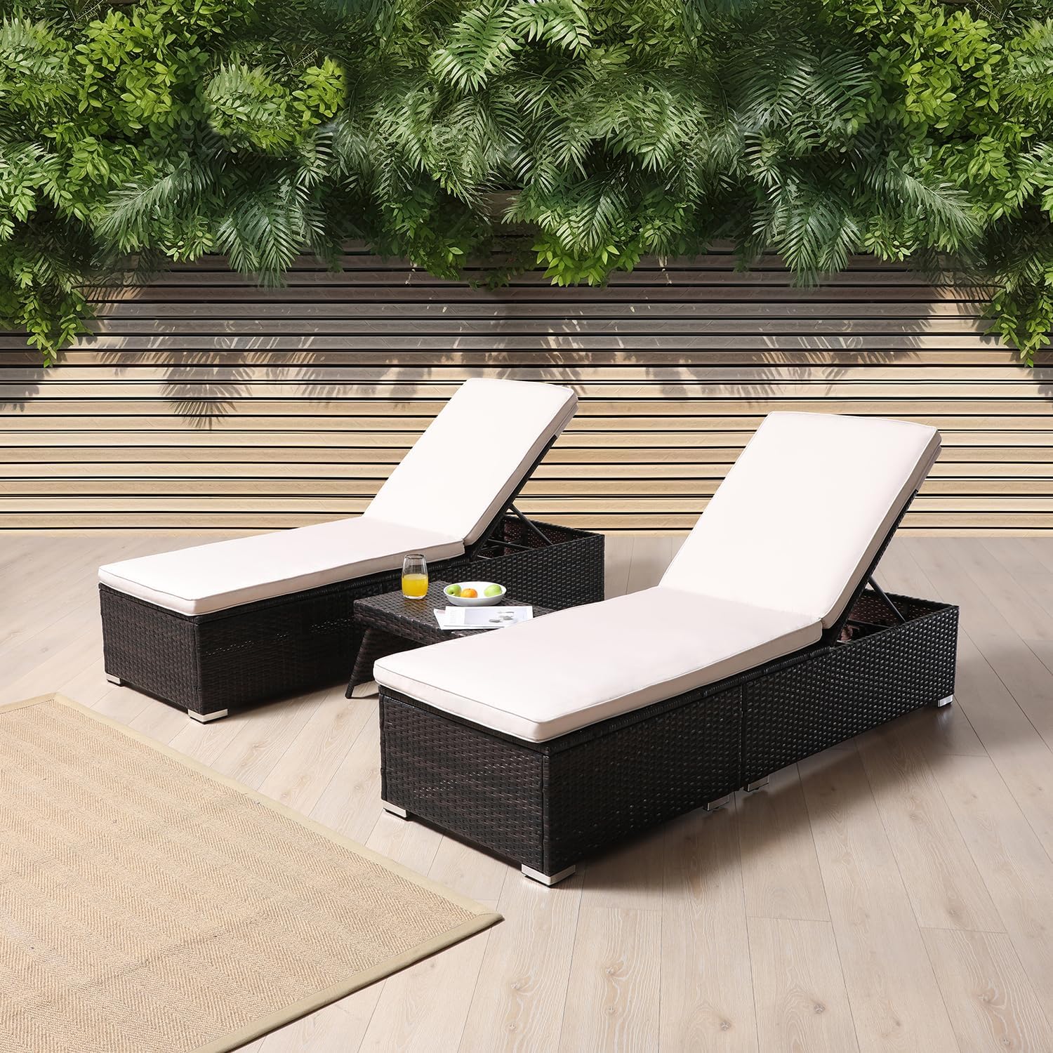 Outside Patio Adjustable Chaise Lounge and Side Table, Outdoor Wicker Lounge Chairs with Coffee Table, Folding Chaise Lounger with Cushions for Poolside Deck Lawn Beach Yard Pool