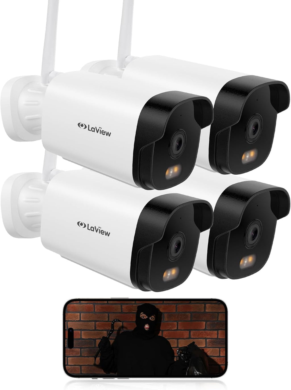 LaView 4K Outdoor Security Cameras,8MP HD Cameras for Home Security with AI Human Detection,IP65 Waterproof,2-Way Talk,Clear Night Vision,2.4G WiFi,SD Card Slot&US Cloud Storage,Work with Alexa(4pcs)