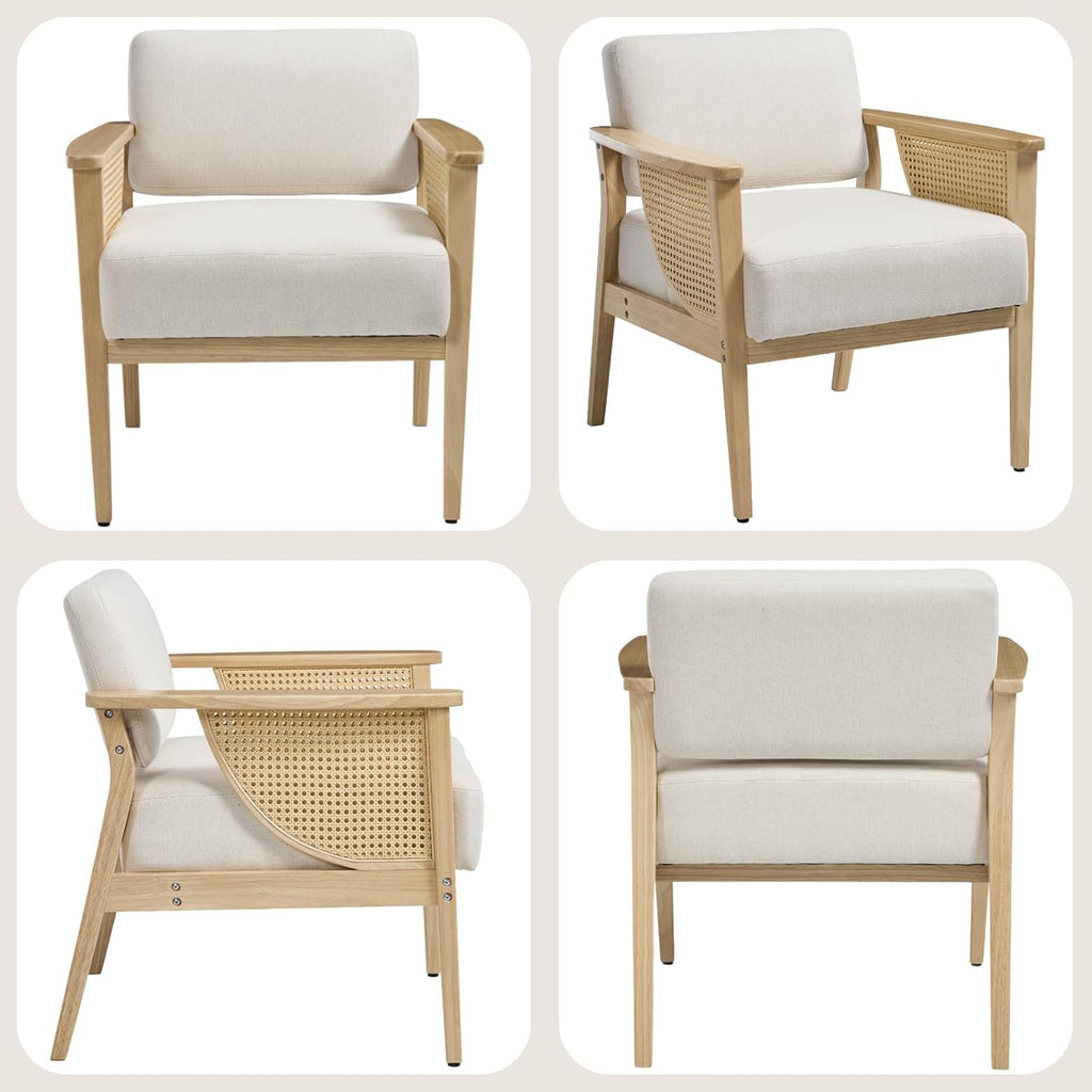 Mid Century Modern Accent Chair Set of 2, Rattan Armchair with Wood Legs Living Room Chair Linen Upholstered Lounge Chair for Bedroom Reading Room, Beige