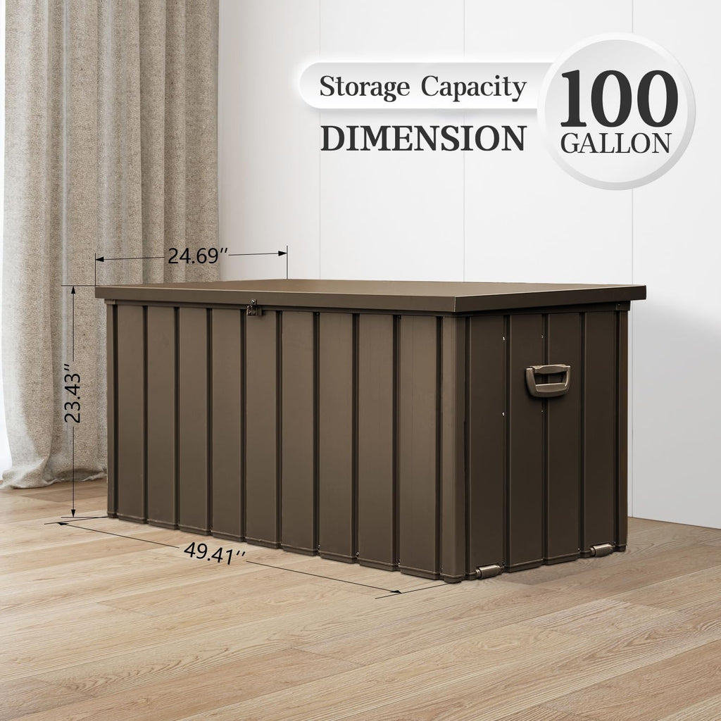 Domi 100 Gallon Deck Box, Metal Outdoor Storage Box with Lock Wheels, Waterproof Outside Storage Box for Patio Cushions