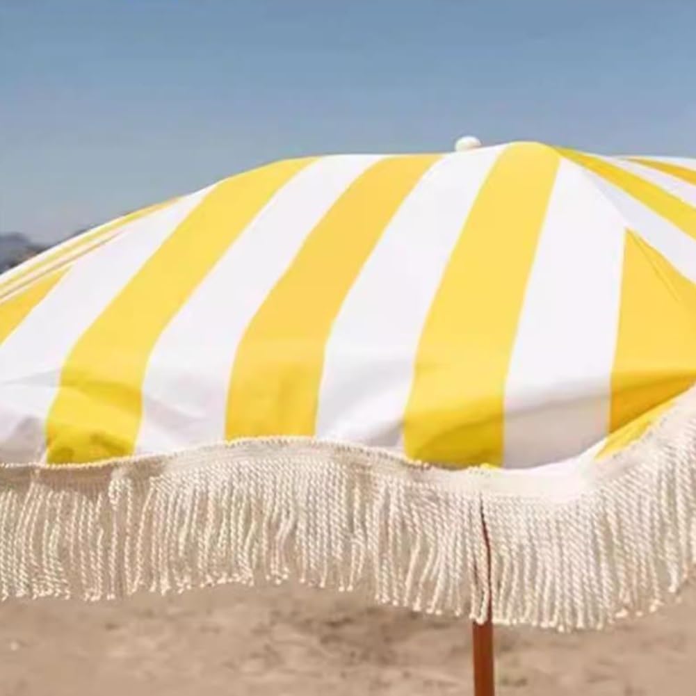 7FT Boho Fringe Patio Umbrella - Outdoor Garden Parasol for Beach Deck - Yellow and White Stripes - Stylish Vintage Tassels - Push Button Tilt